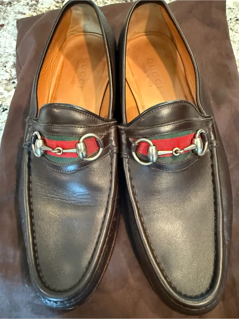 Gucci Brown Leather Horsebit Loafers with Green-Red Web